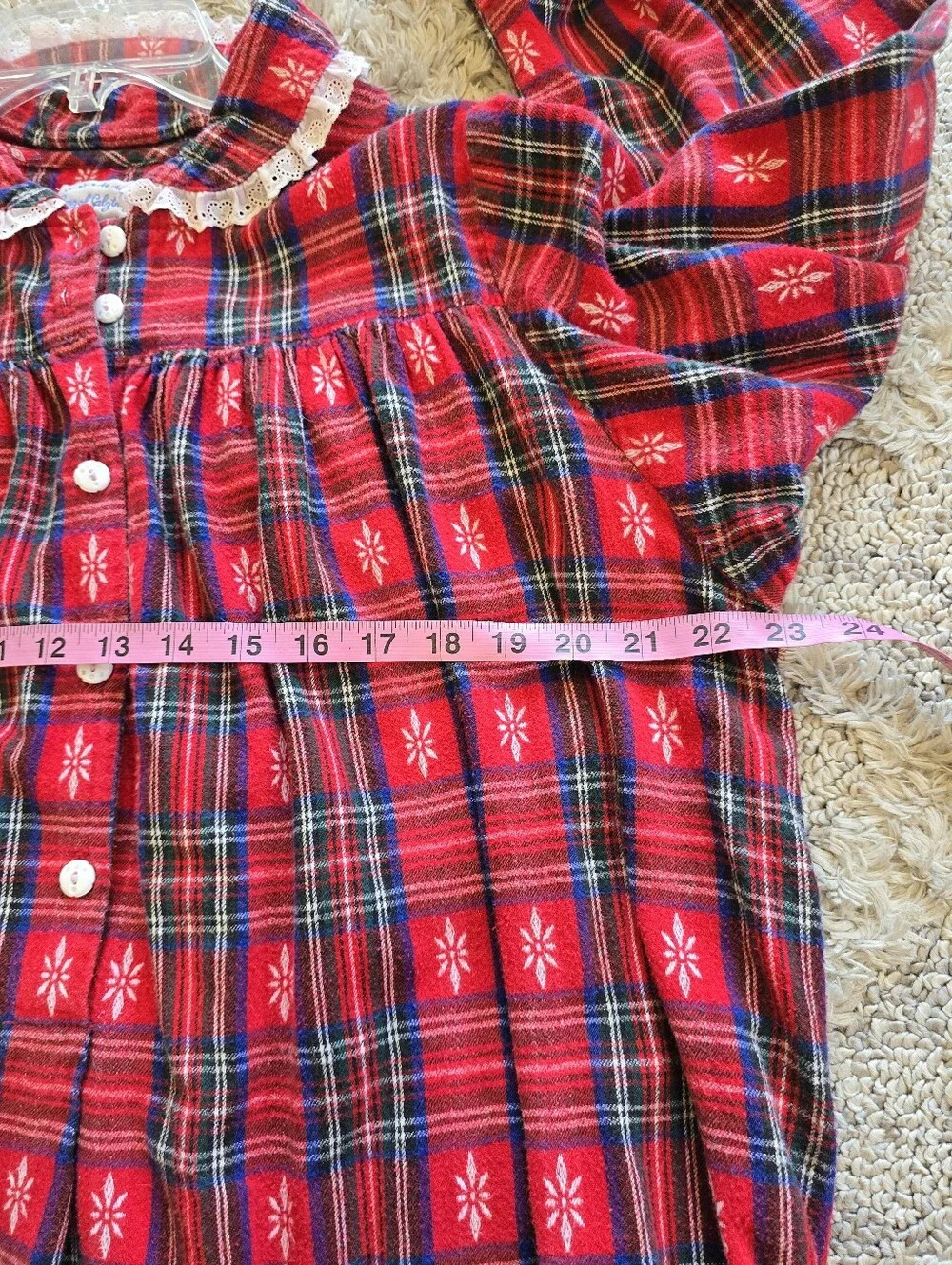Vintage Lanz of Salzburg Red Plaid Tartan Cotton Lace Flannel Nightgown Size M